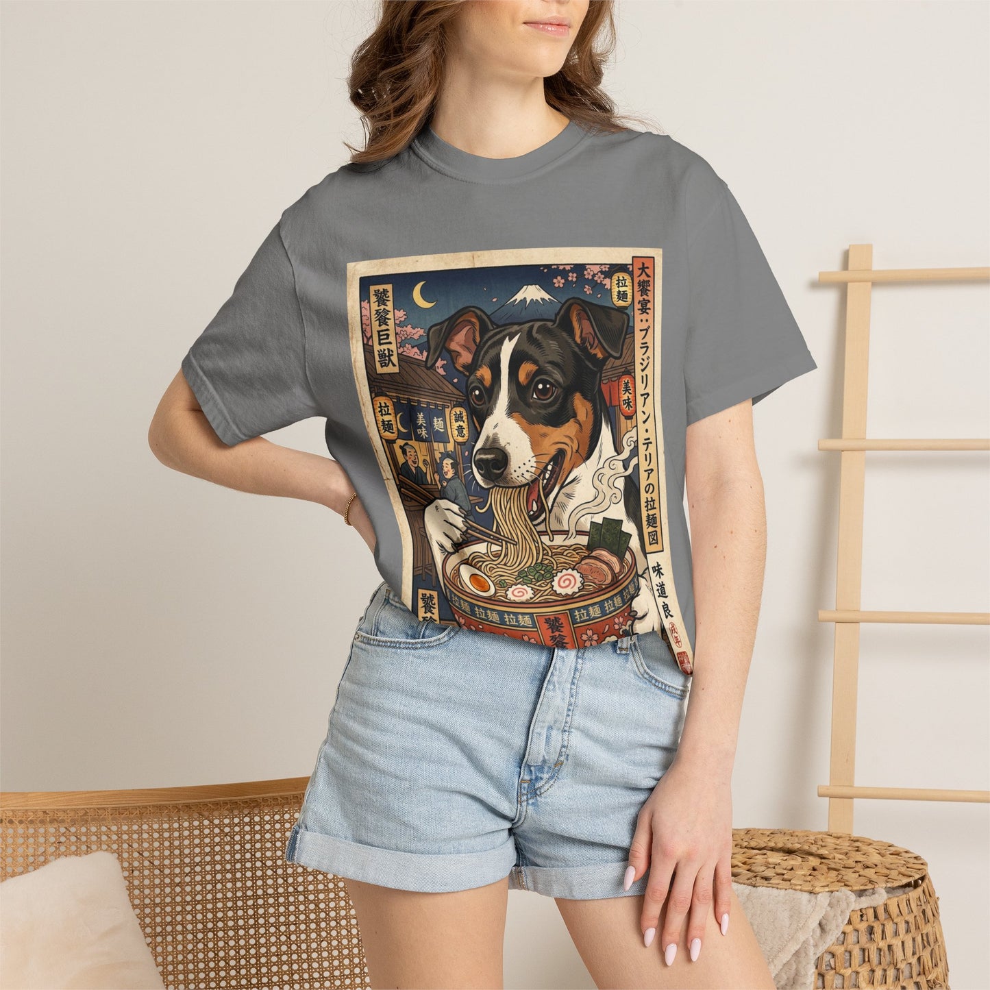 Brazilian Terrier Dog Eating Ramen T-shirt | Vintage Japanese Ukiyo-e Style
