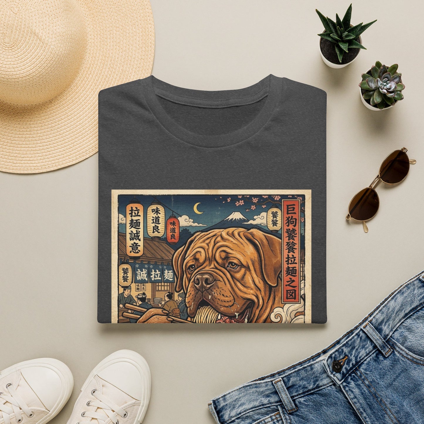 Dogue de Bordeaux Ramen Dog Graphic T-Shirt — Vintage Japanese-Inspired Noodle Bowl Tee