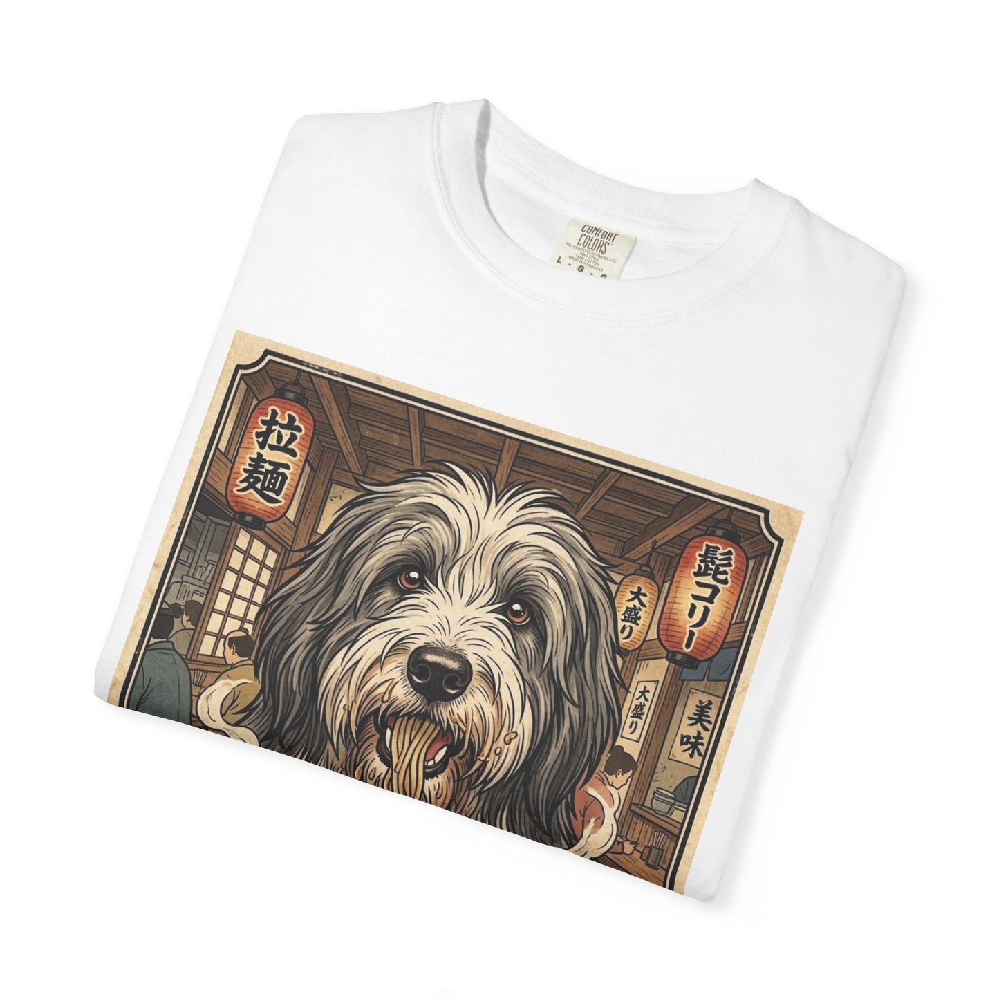 Bearded Collie Dog Eating Ramen T-Shirt | Vintage Japanese Noodle Illustration