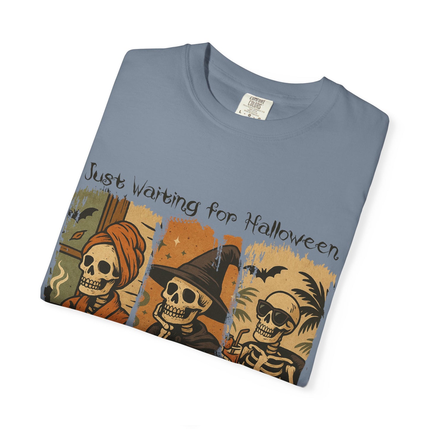 Skeleton Trio Just Waiting for Halloween T-shirt | Halloween Skull Pumpkin Tee