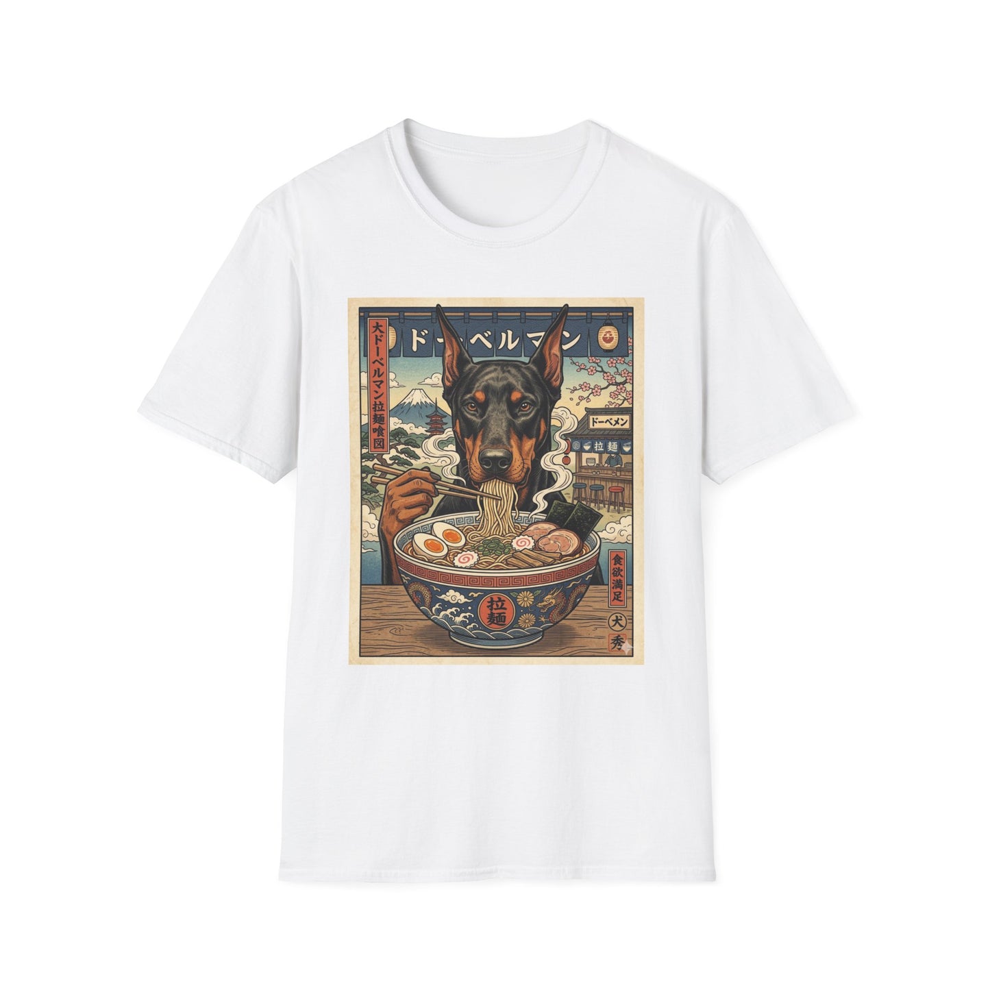 Doberman Ramen Bowl T-Shirt | Vintage Japanese Dog Art