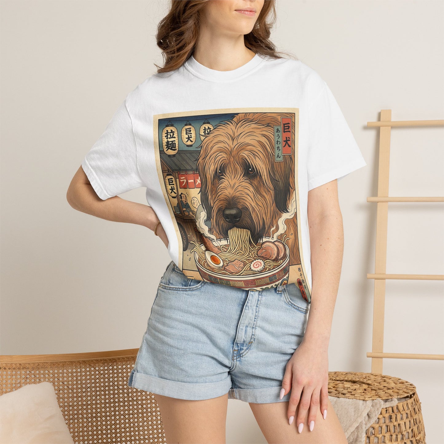 Briard Dog Eating Ramen T-Shirt | Vintage Japanese Noodle Art