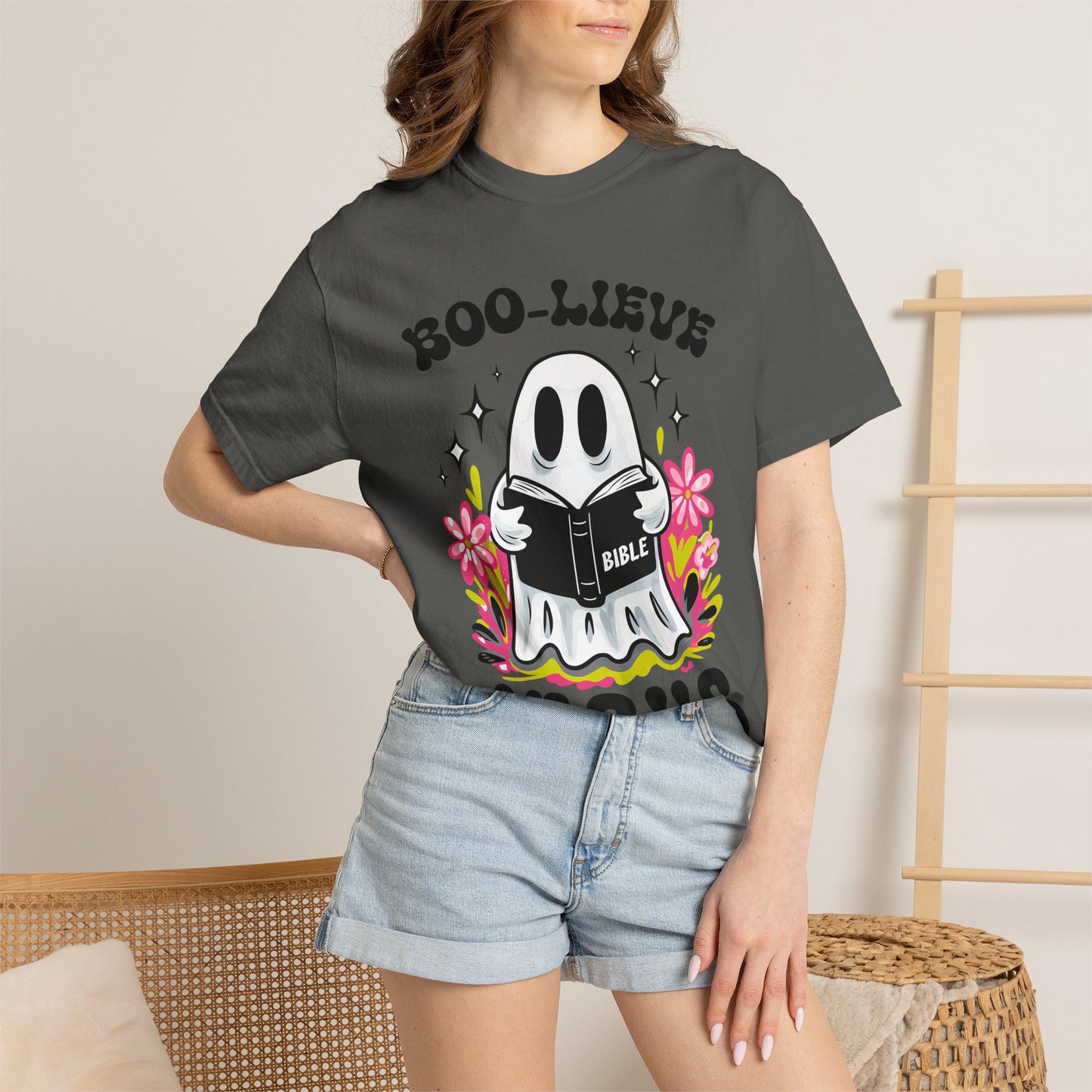 Boo-lieve Jesus ghost reading Bible T-shirt | Halloween Christian design