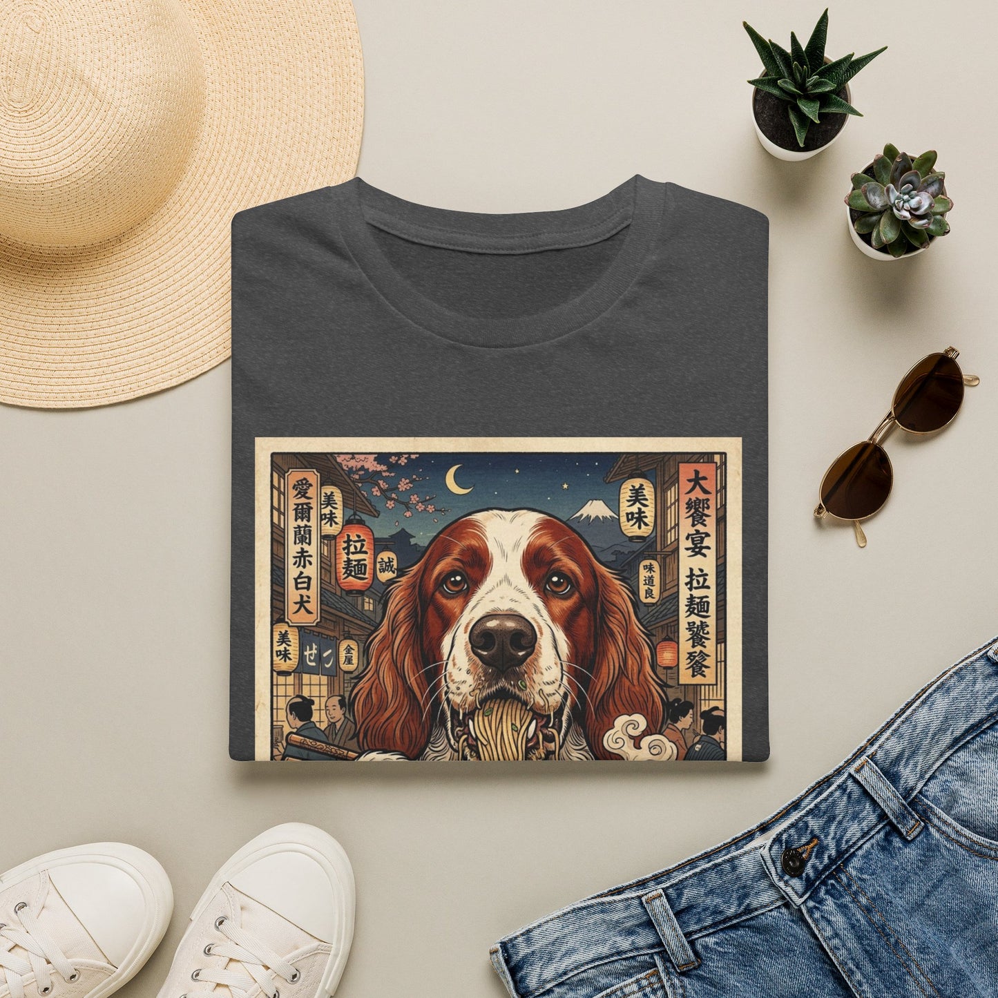 Irish Red and White Setter Ramen Vintage Art T-Shirt — Cute Dog Bowl Graphic Tee