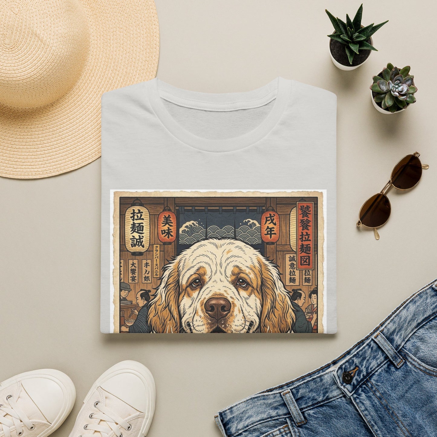 Clumber Spaniel Ramen Dog Illustration T-Shirt | Cute Noodle Bowl Art