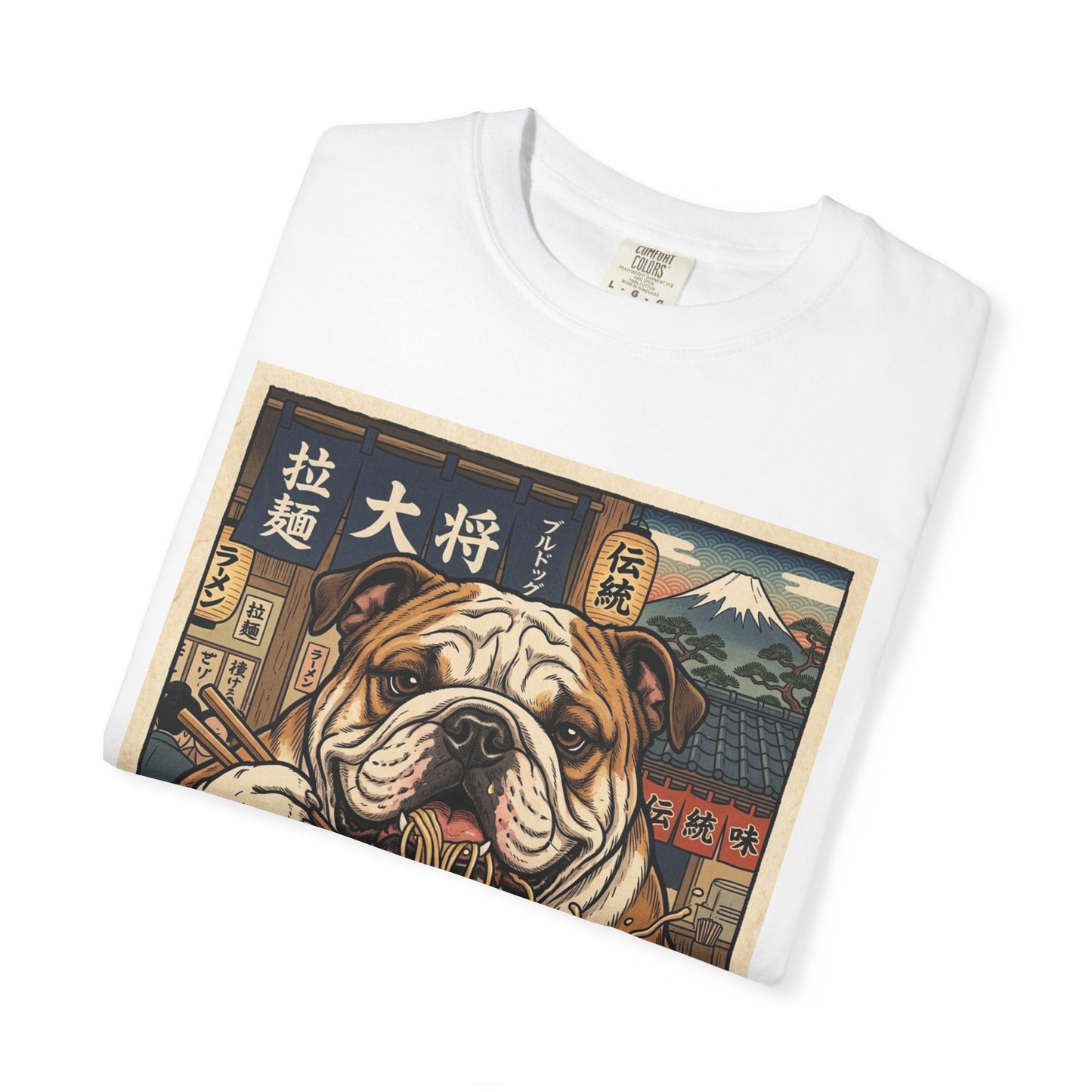 Bulldog Eating Ramen T-shirt | Dog Noodle Illustration