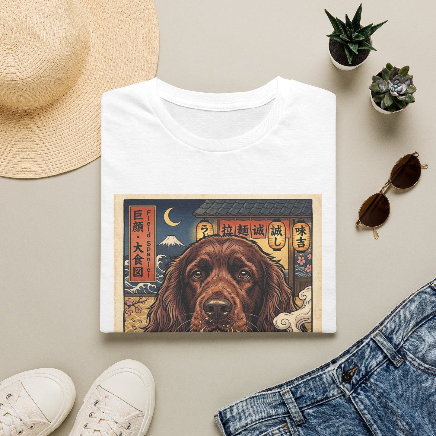 Field Spaniel Ramen Dog T-Shirt — Vintage Japanese-Inspired Dog & Ramen Illustration