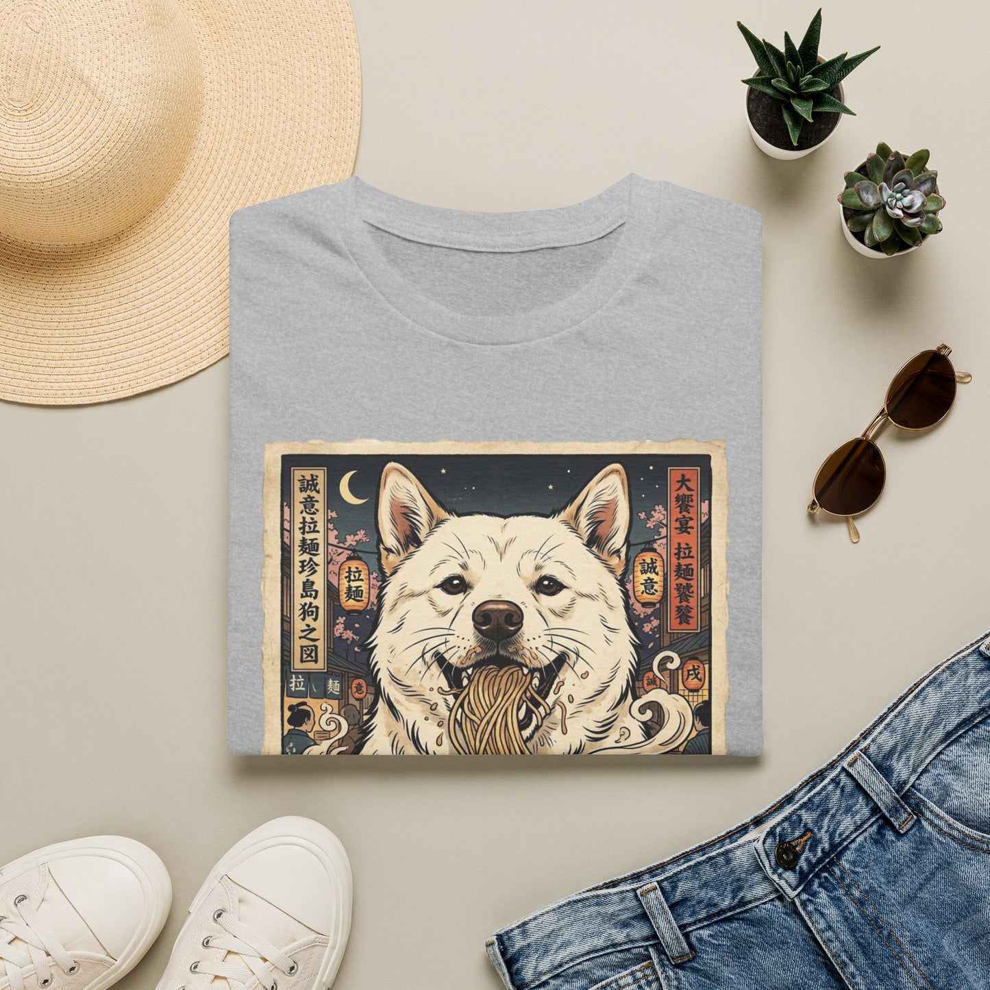 Ramen Dog T-Shirt — Cute Korean Jindo Dog Slurping Noodles Graphic Tee