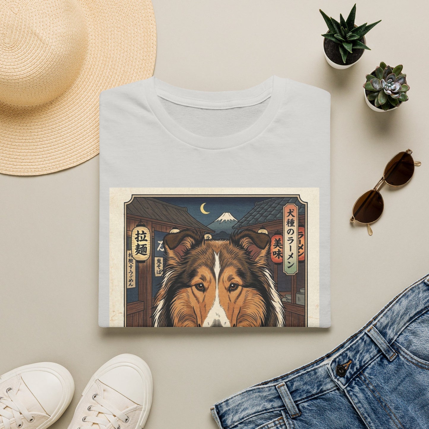 Collie Ramen Illustration T-Shirt | Japanese Street Night Scene