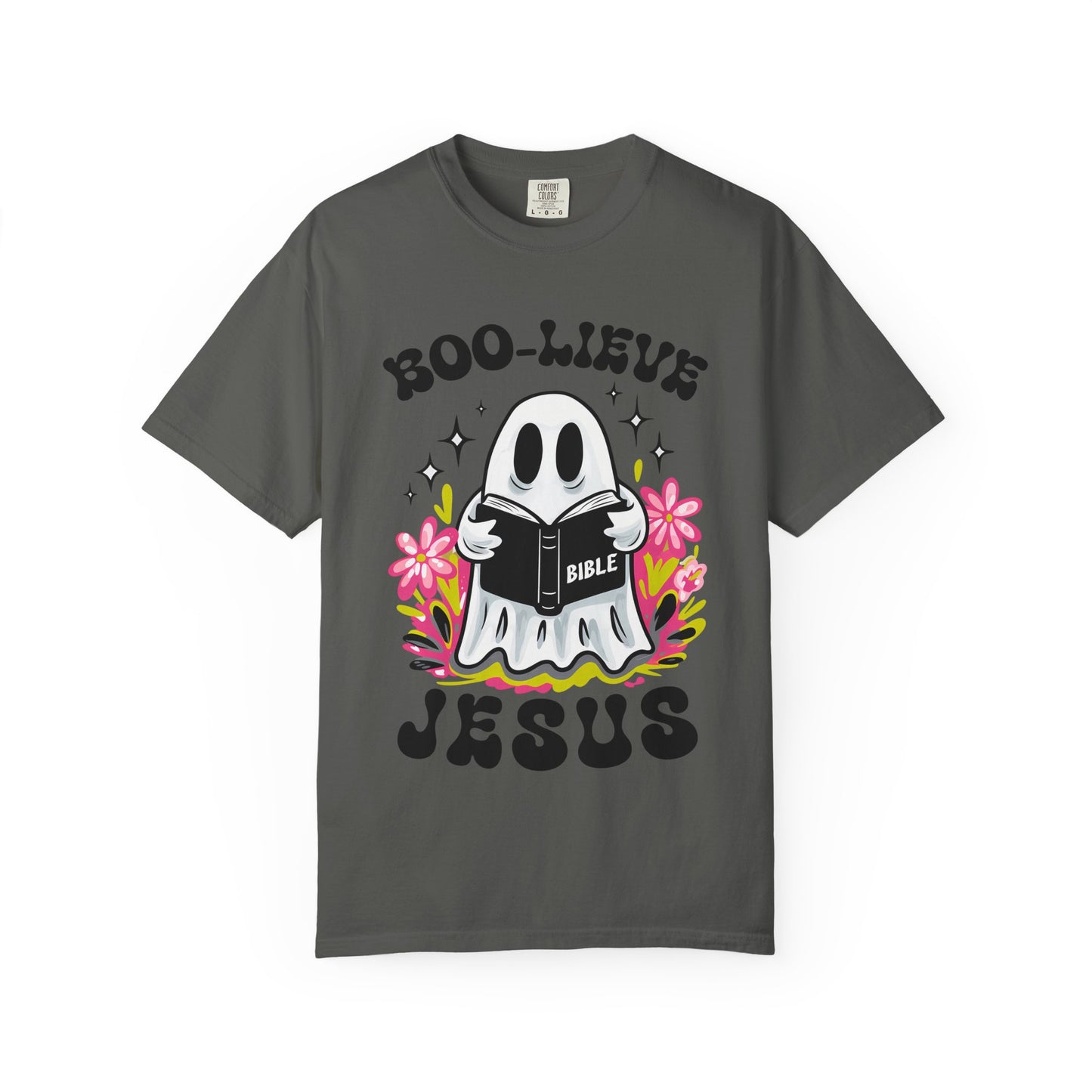 Boo-lieve Jesus ghost reading Bible T-shirt | Halloween Christian design