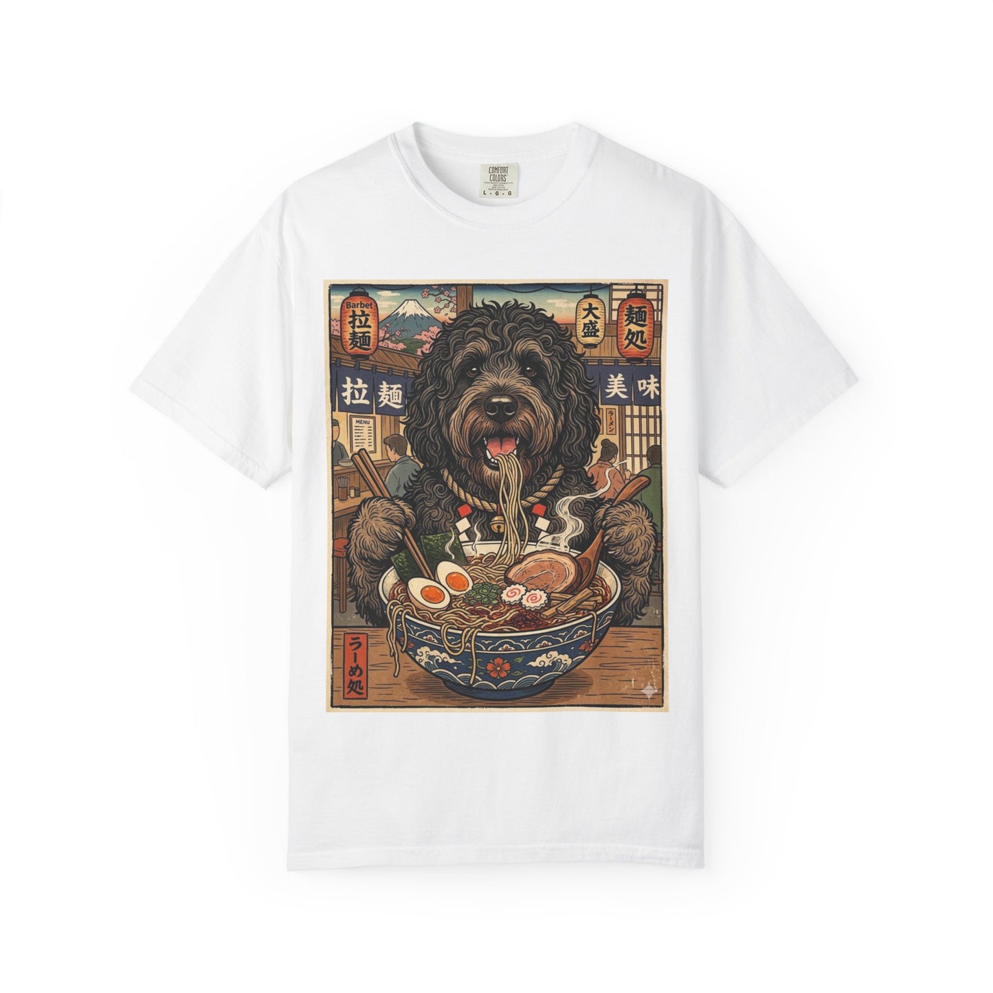 Barbet Dog Eating Ramen T-Shirt | Vintage Japanese Ramen Art