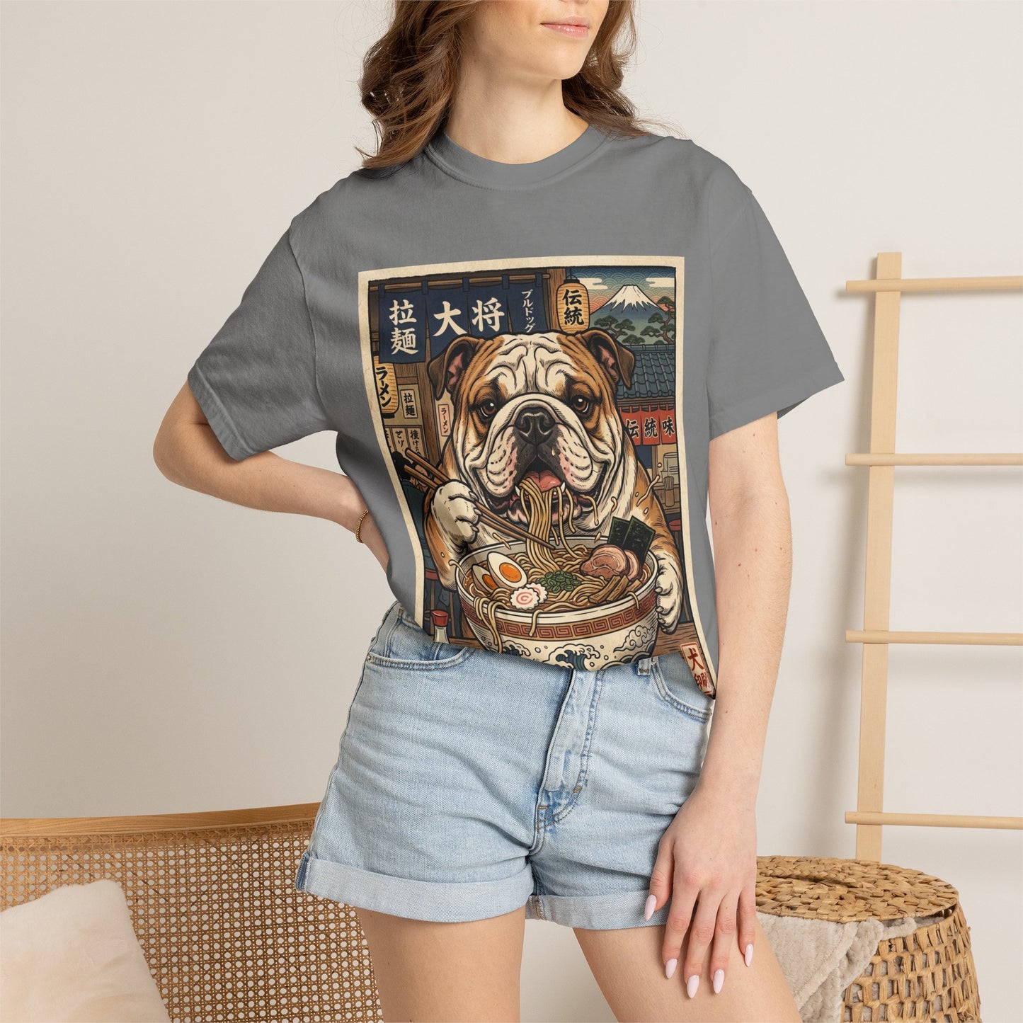 Bulldog Eating Ramen T-shirt | Dog Noodle Illustration