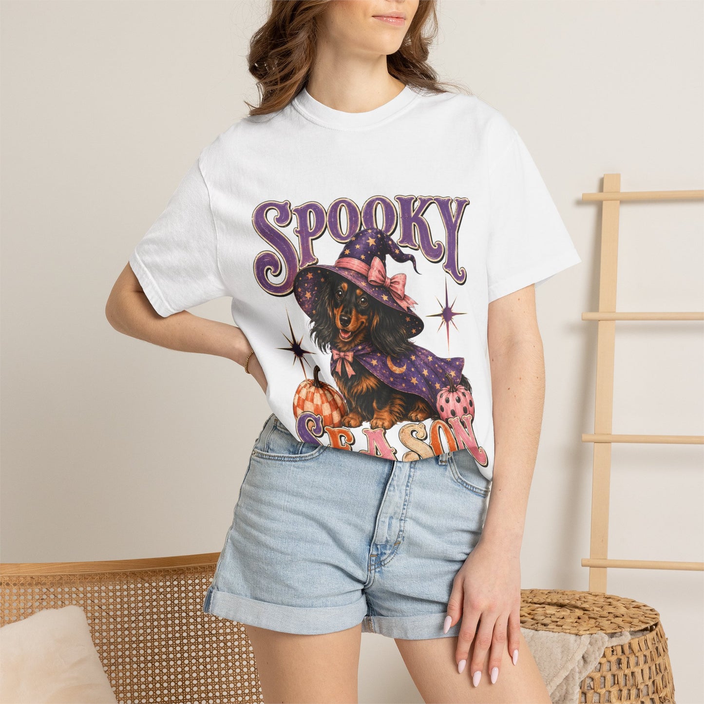 Spooky Season Witch Dachshund T-shirt | Halloween Pumpkin Graphic