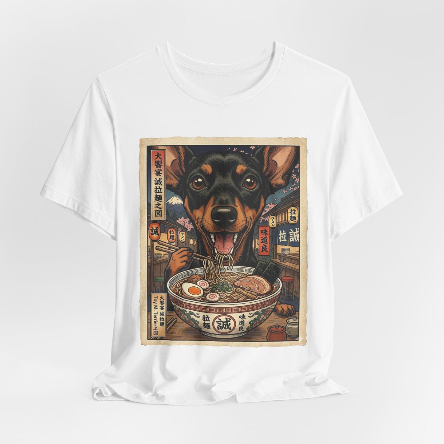 Ramen Manchester Terrier (toy) Graphic Tee — Cute Dog Eating Ramen T‑Shirt