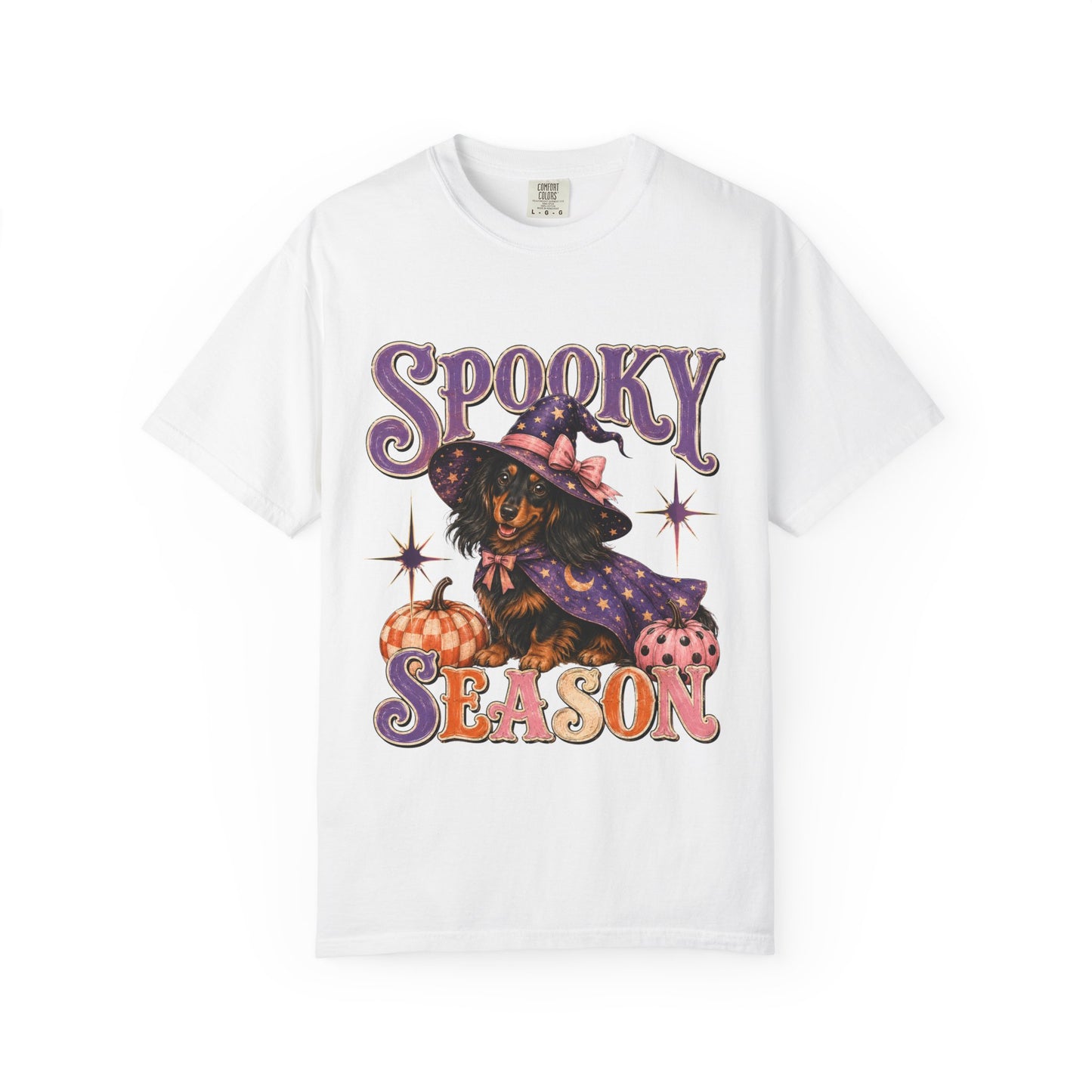 Spooky Season Witch Dachshund T-shirt | Halloween Pumpkin Graphic