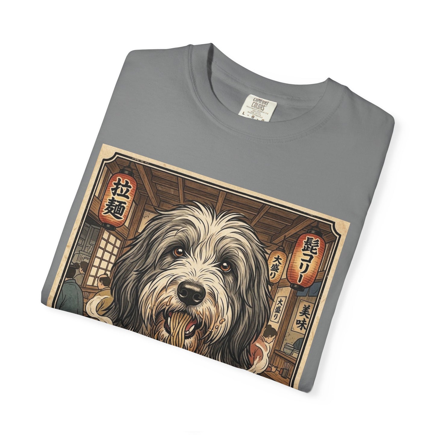 Bearded Collie Dog Eating Ramen T-Shirt | Vintage Japanese Noodle Illustration