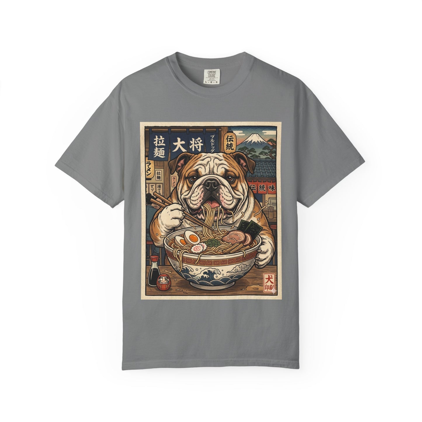Bulldog Eating Ramen T-shirt | Dog Noodle Illustration